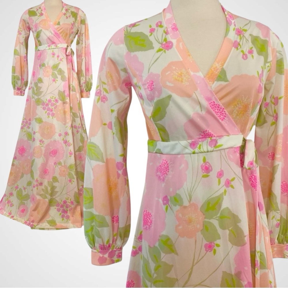 Vintage OLGA Pink Orange Floral Print Wrap 70s Maxi Dress Robe Dressing Gown